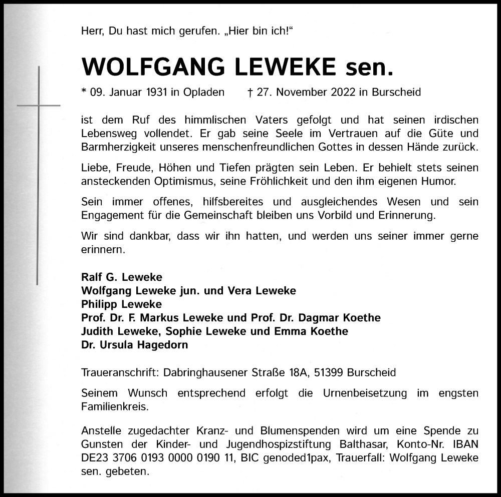  Traueranzeige für Wolfgang Leweke vom 10.12.2022 aus Kölner Stadt-Anzeiger / Kölnische Rundschau / Express