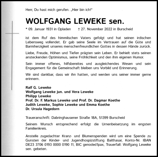 Anzeige von Wolfgang Leweke von Kölner Stadt-Anzeiger / Kölnische Rundschau / Express
