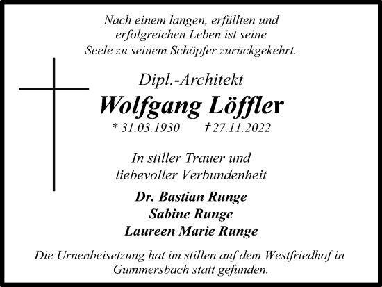 Anzeige von Wolfgang Löffler von Kölner Stadt-Anzeiger / Kölnische Rundschau / Express