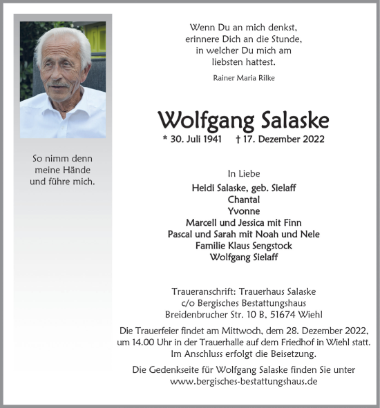Anzeige von Wolfgang Salaske von  Anzeigen Echo 