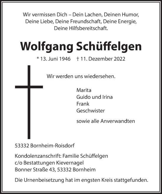 Anzeige von Wolfgang Schüffelgen von  Schaufenster/Blickpunkt 
