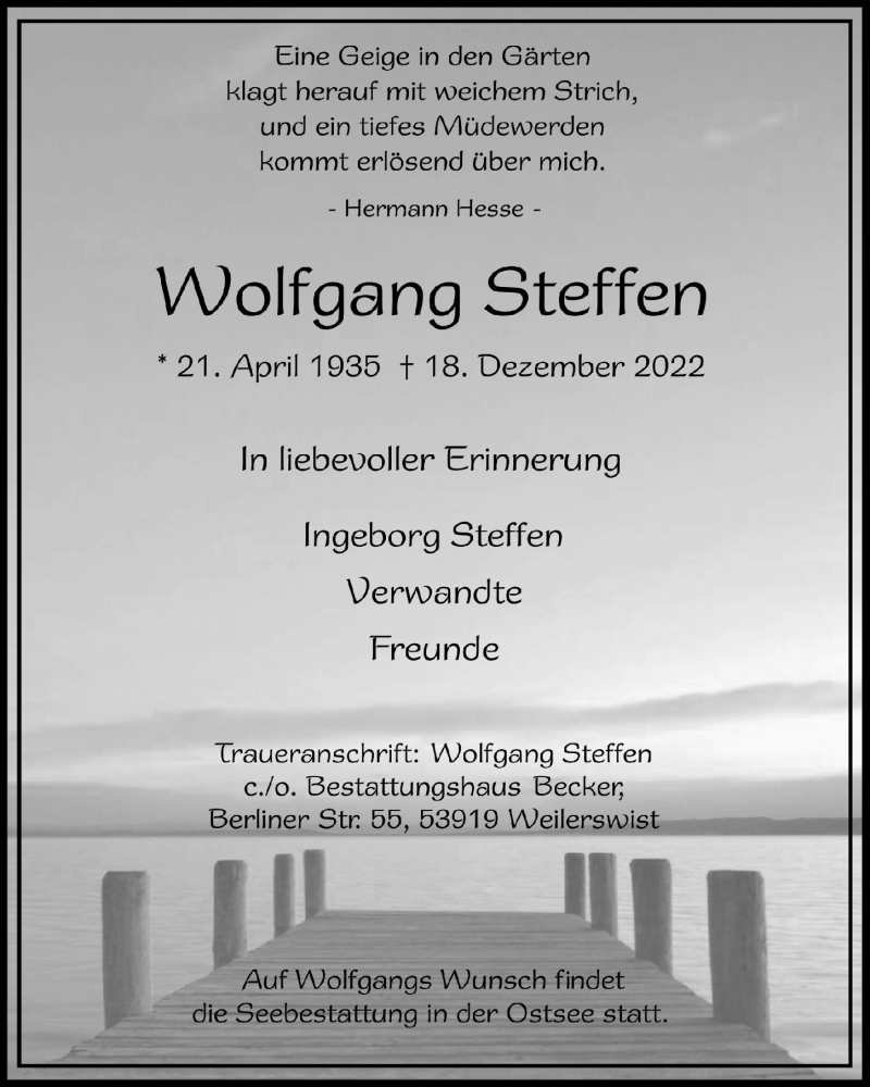  Traueranzeige für Wolfgang Steffen vom 23.12.2022 aus  Blickpunkt Euskirchen 
