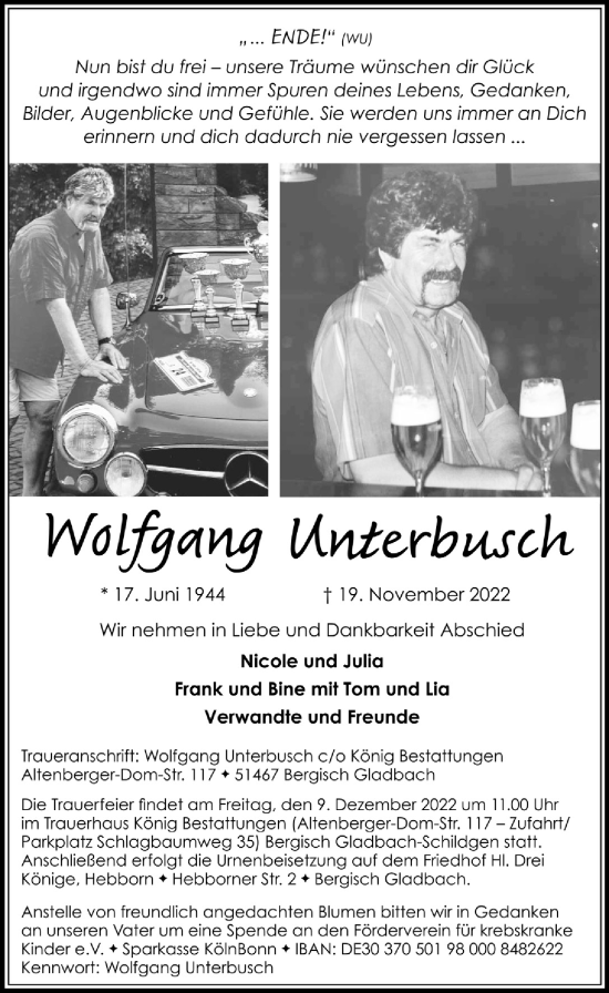 Anzeige von Wolfgang Unterbusch von  Bergisches Handelsblatt 