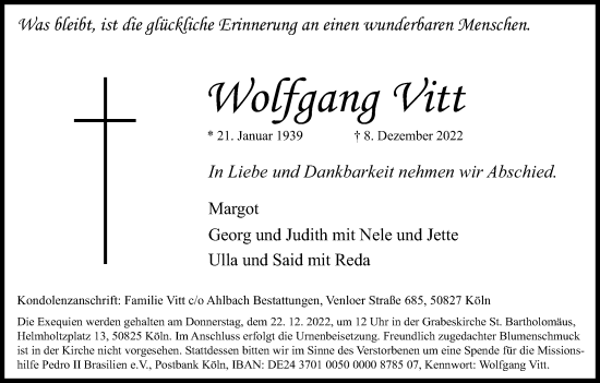Anzeige von Wolfgang Vitt von Kölner Stadt-Anzeiger / Kölnische Rundschau / Express