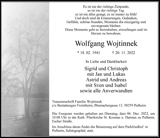 Anzeige von Wolfgang Wojtinnek von  Wochenende 