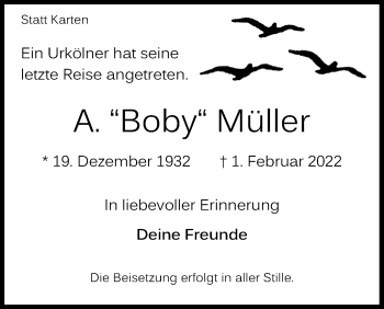 Anzeige von A. Boby Müller von Kölner Stadt-Anzeiger / Kölnische Rundschau / Express
