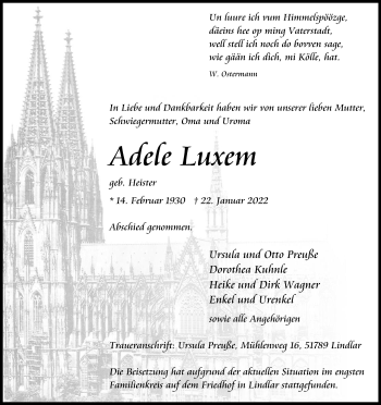 Anzeige von Adele Luxem von Kölner Stadt-Anzeiger / Kölnische Rundschau / Express