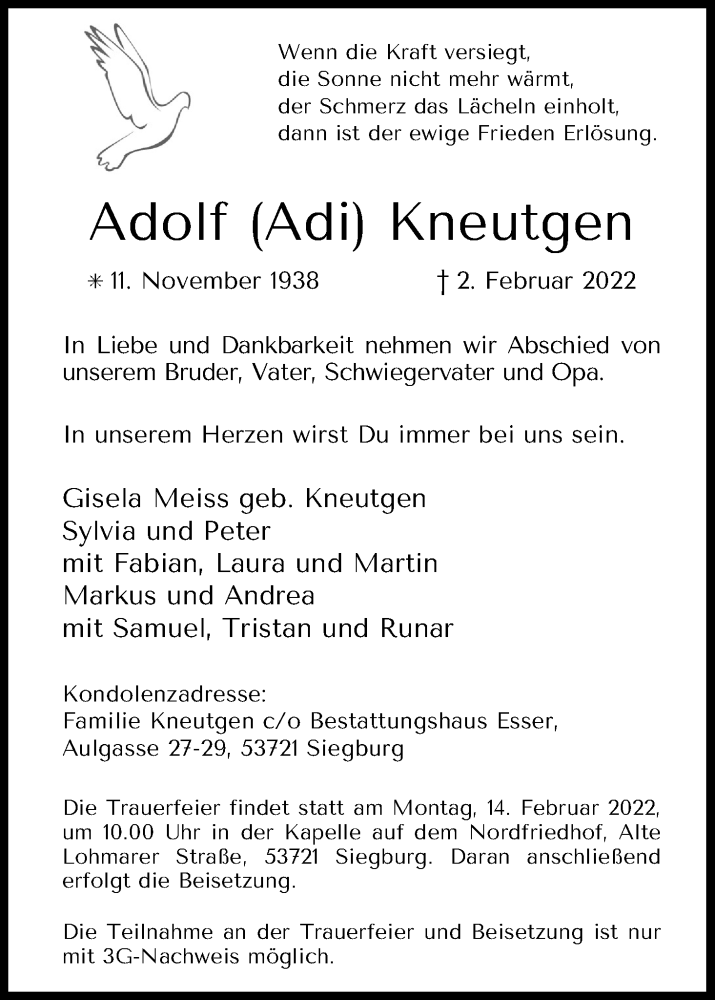  Traueranzeige für Adolf Kneutgen vom 10.02.2022 aus Kölner Stadt-Anzeiger / Kölnische Rundschau / Express