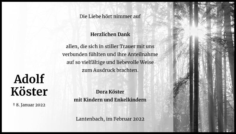  Traueranzeige für Adolf Köster vom 12.02.2022 aus Kölner Stadt-Anzeiger / Kölnische Rundschau / Express