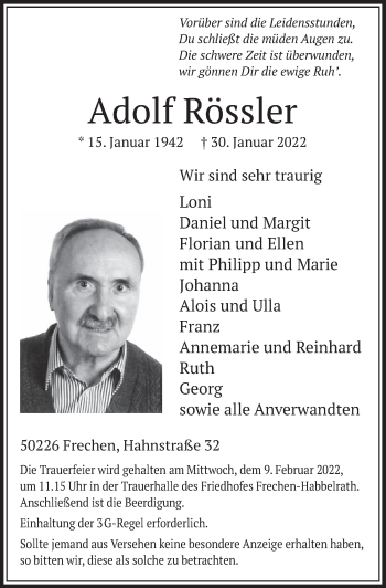 Anzeige von Adolf Rössler von  Wochenende 
