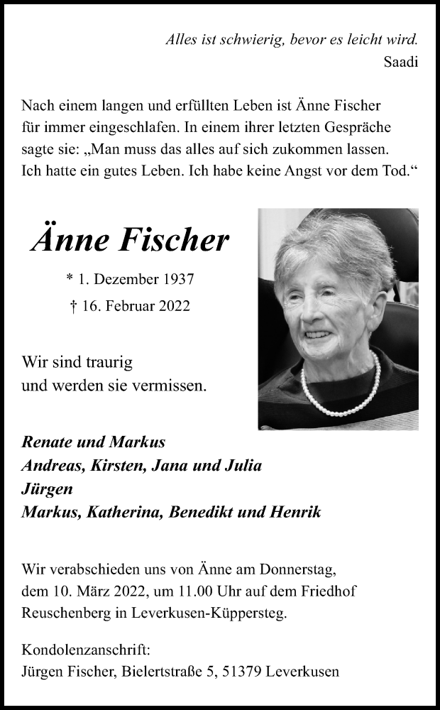  Traueranzeige für Änne Fischer vom 26.02.2022 aus Kölner Stadt-Anzeiger / Kölnische Rundschau / Express