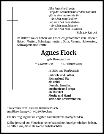Anzeige von Agnes Flock von Kölner Stadt-Anzeiger / Kölnische Rundschau / Express