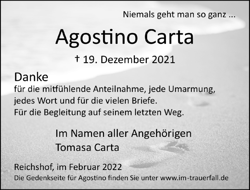  Traueranzeige für Agostino Carta vom 18.02.2022 aus  Lokalanzeiger 