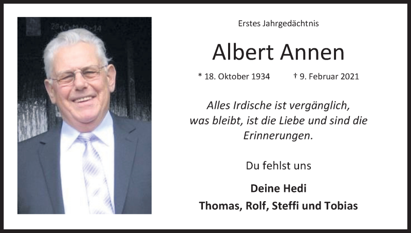  Traueranzeige für Albert Annen vom 09.02.2022 aus Kölner Stadt-Anzeiger / Kölnische Rundschau / Express
