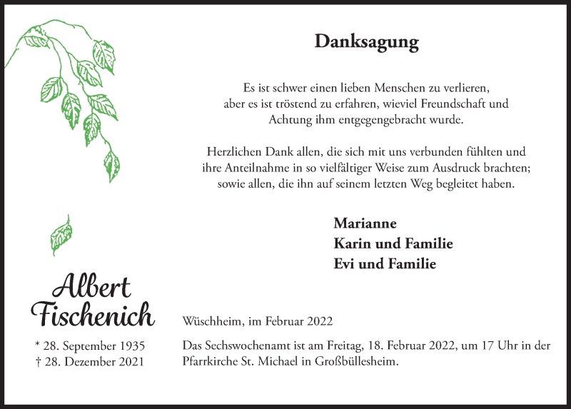  Traueranzeige für Albert Fischenich vom 12.02.2022 aus  Blickpunkt Euskirchen 