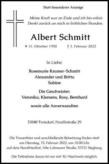 Anzeige von Albert Schmitt von Kölner Stadt-Anzeiger / Kölnische Rundschau / Express