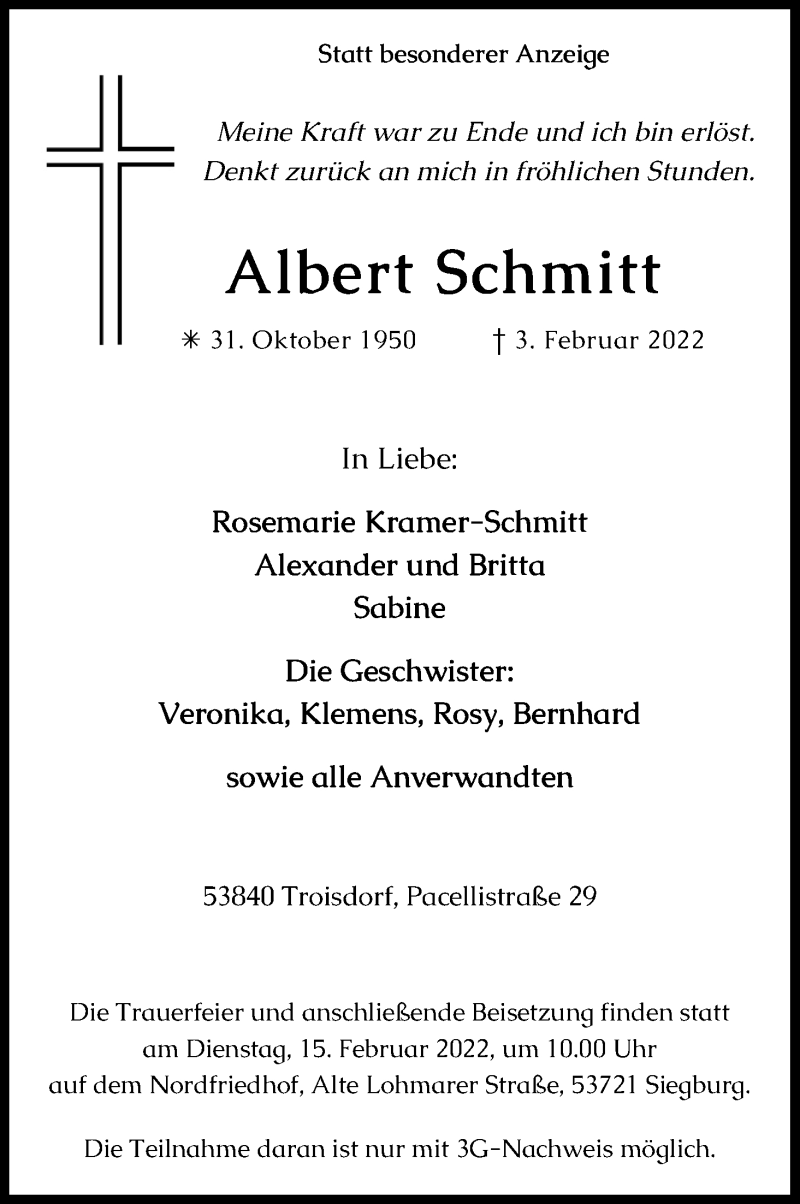  Traueranzeige für Albert Schmitt vom 09.02.2022 aus Kölner Stadt-Anzeiger / Kölnische Rundschau / Express