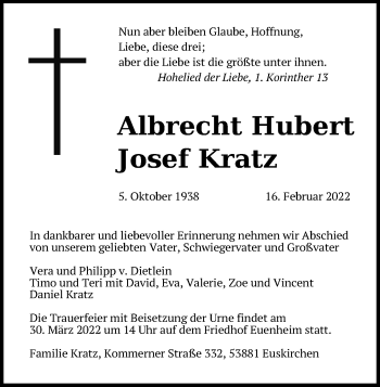 Anzeige von Albrecht Hubert Josef Kratz von Kölner Stadt-Anzeiger / Kölnische Rundschau / Express