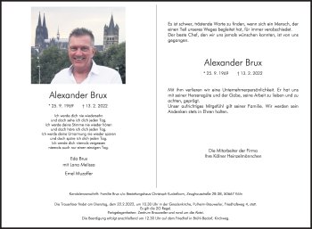 Anzeige von Alexander Brux von Kölner Stadt-Anzeiger / Kölnische Rundschau / Express