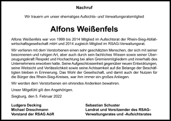 Anzeige von Alfons Weißenfels von Kölner Stadt-Anzeiger / Kölnische Rundschau / Express