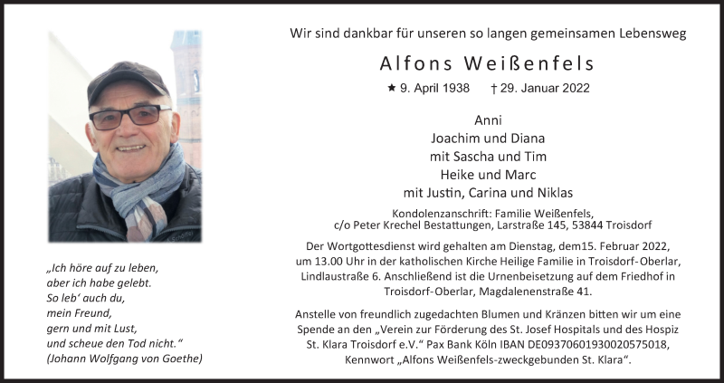  Traueranzeige für Alfons Weißenfels vom 05.02.2022 aus Kölner Stadt-Anzeiger / Kölnische Rundschau / Express