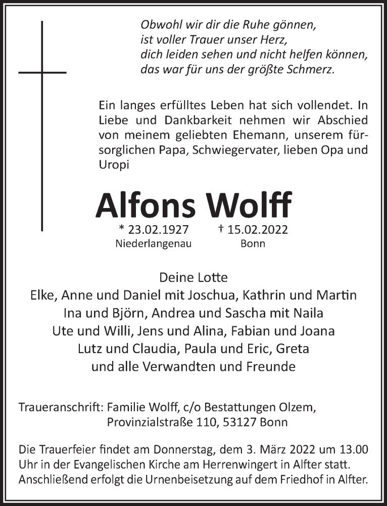 Traueranzeige für Alfons Wolff vom 25.02.2022 aus  Schaufenster/Blickpunkt 