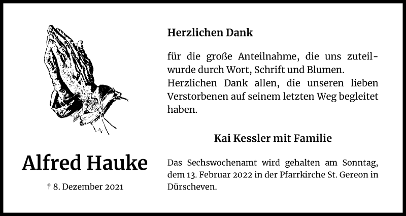  Traueranzeige für Alfred Hauke vom 05.02.2022 aus Kölner Stadt-Anzeiger / Kölnische Rundschau / Express
