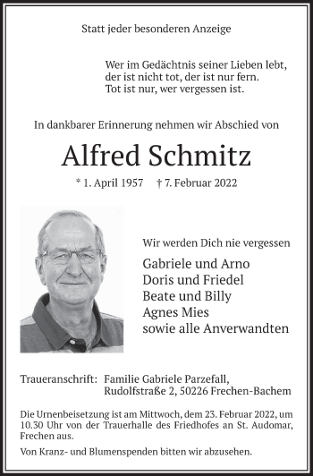 Anzeige von Alfred Schmitz von  Wochenende 