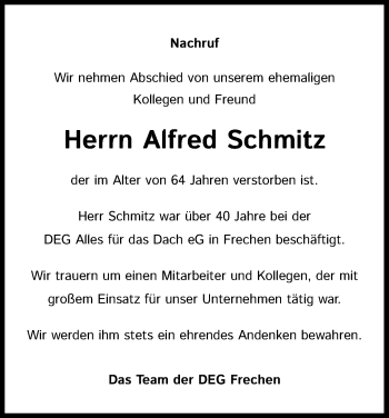 Anzeige von Alfred Schmitz von Kölner Stadt-Anzeiger / Kölnische Rundschau / Express