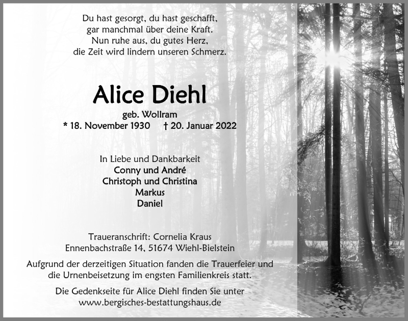  Traueranzeige für Alice Diehl vom 04.02.2022 aus  Anzeigen Echo 