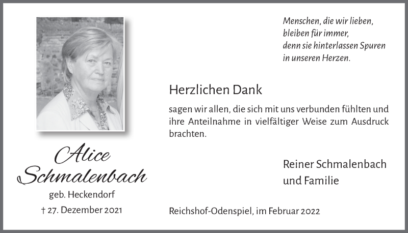  Traueranzeige für Alice Schmalenbach vom 25.02.2022 aus  Lokalanzeiger 