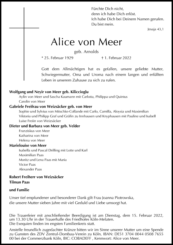  Traueranzeige für Alice von Meer vom 12.02.2022 aus Kölner Stadt-Anzeiger / Kölnische Rundschau / Express