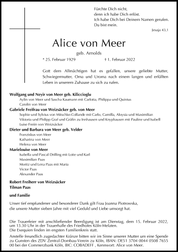 Anzeige von Alice von Meer von Kölner Stadt-Anzeiger / Kölnische Rundschau / Express
