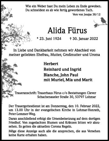 Anzeige von Alida Fürus von Kölner Stadt-Anzeiger / Kölnische Rundschau / Express