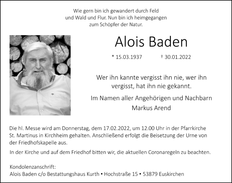  Traueranzeige für Alois Baden vom 12.02.2022 aus  Blickpunkt Euskirchen 