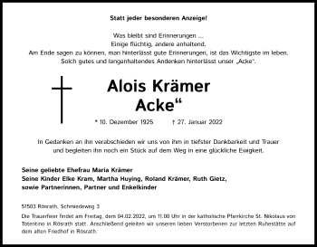 Anzeige von Alois Krämer von Kölner Stadt-Anzeiger / Kölnische Rundschau / Express