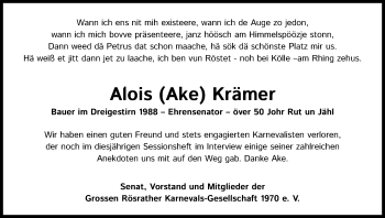 Anzeige von Alois Krämer von Kölner Stadt-Anzeiger / Kölnische Rundschau / Express