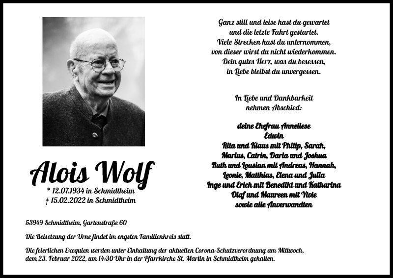  Traueranzeige für Alois Wolf vom 19.02.2022 aus Kölner Stadt-Anzeiger / Kölnische Rundschau / Express