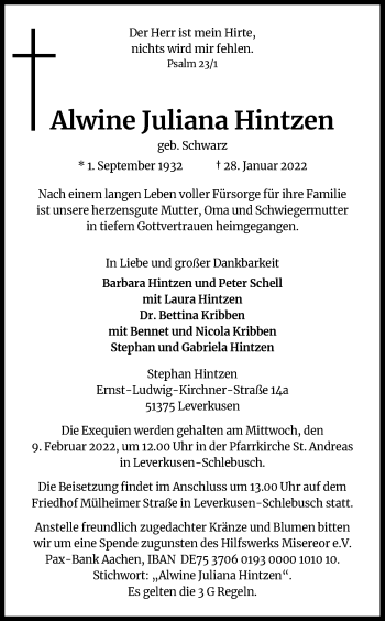 Anzeige von Alwine Juliana Hintzen von Kölner Stadt-Anzeiger / Kölnische Rundschau / Express
