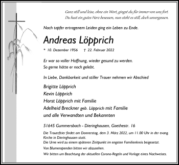 Anzeige von Andreas Löpprich von Kölner Stadt-Anzeiger / Kölnische Rundschau / Express