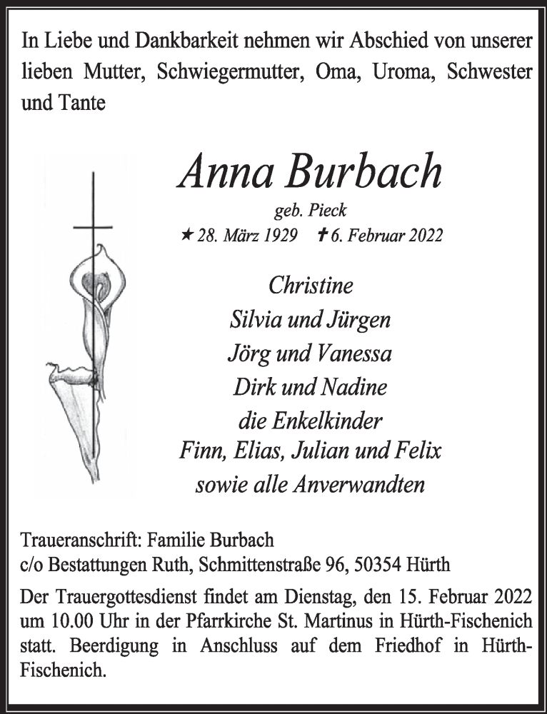 Traueranzeige für Anna Burbach vom 11.02.2022 aus  Wochenende 