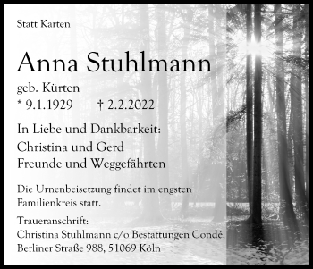 Anzeige von Anna Stuhlmann von Kölner Stadt-Anzeiger / Kölnische Rundschau / Express