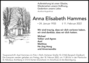 Anzeige von Anna Elisabeth Hammes von Kölner Stadt-Anzeiger / Kölnische Rundschau / Express