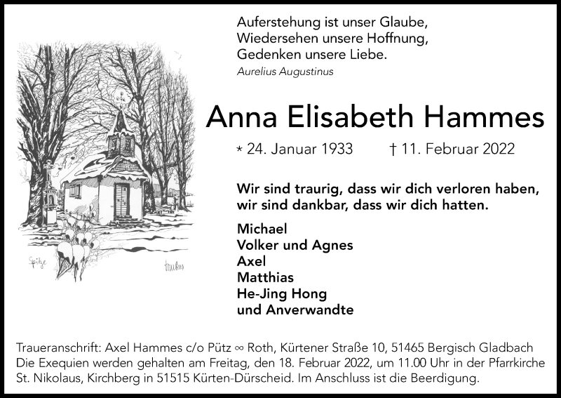  Traueranzeige für Anna Elisabeth Hammes vom 16.02.2022 aus Kölner Stadt-Anzeiger / Kölnische Rundschau / Express