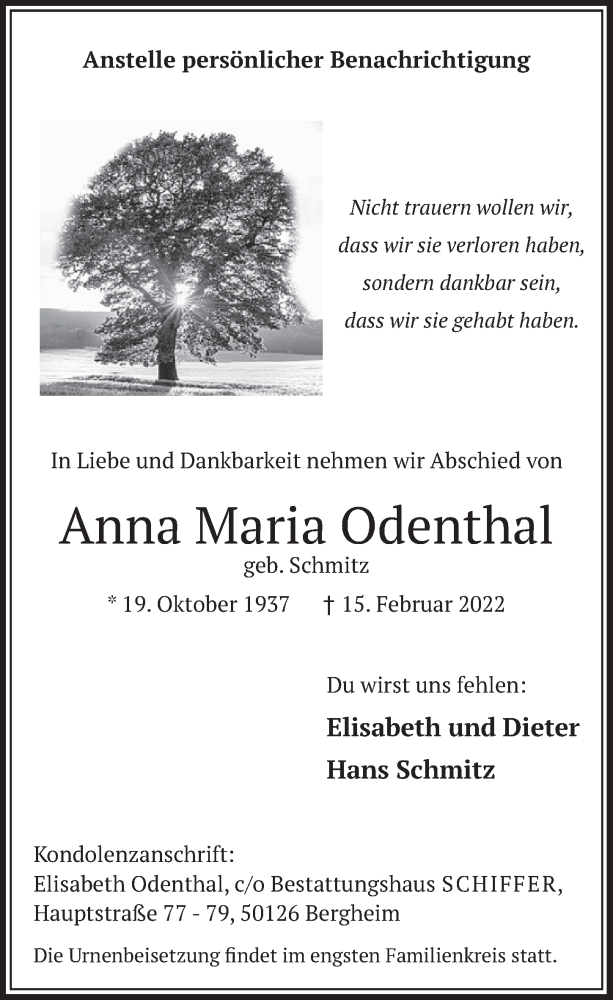  Traueranzeige für Anna Maria Odenthal vom 25.02.2022 aus  Werbepost 