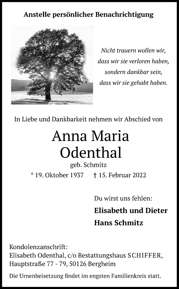  Traueranzeige für Anna Maria Odenthal vom 26.02.2022 aus Kölner Stadt-Anzeiger / Kölnische Rundschau / Express