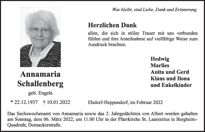  Traueranzeige für Annamaria Schallenberg vom 25.02.2022 aus  Werbepost 