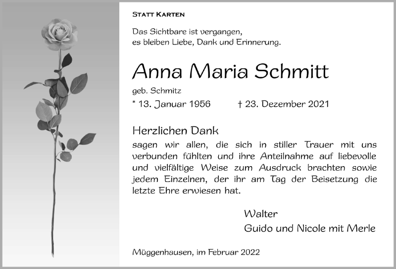  Traueranzeige für Anna Maria Schmitt vom 12.02.2022 aus  Blickpunkt Euskirchen 