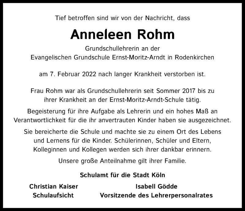  Traueranzeige für Anneleen Rohm vom 22.02.2022 aus Kölner Stadt-Anzeiger / Kölnische Rundschau / Express