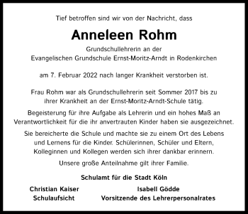 Anzeige von Anneleen Rohm von Kölner Stadt-Anzeiger / Kölnische Rundschau / Express